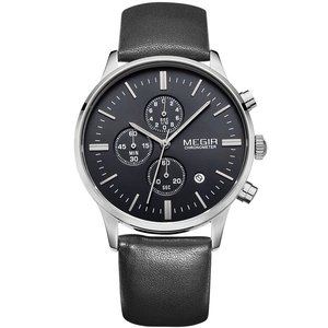 MEGIR Herren-Chronograph mit schwarzem Zifferblatt und dunkelgrauem Lederarmband