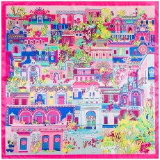 Macro detail of silk scarf with vibrant bohemian city illustration and floral pattern