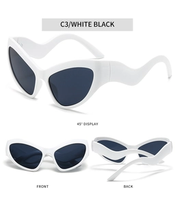 Detailed views of white cat-eye sunglasses with wavy temples and dark lenses