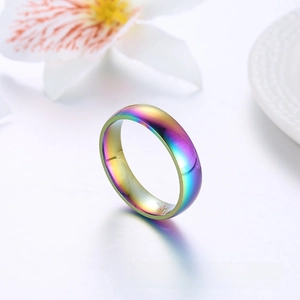 Detailed view of rainbow gradient stainless steel ring with vacuum plated finish on white