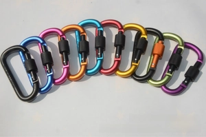 Detailed display of assorted D-shape carabiners with screw locks in ten vibrant colors