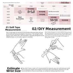 Size guide for bow pendant crystal bracelets showing length 16-20cm and wrist measurement tips