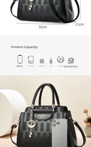Detail showing 30cm black crossbody bag with checkered texture and capacity measurements