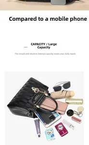 Black leather bucket bag showing large capacity with daily essentials and woven texture