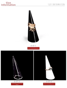 Conical plastic ring display stands in black, white, and transparent for jewelry storage