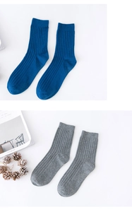 Close-up of ribbed knit texture on navy blue and grey men's business crew socks