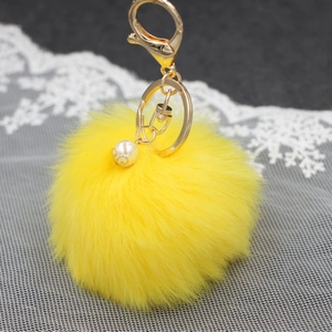Dettaglio del portachiavi con pompon giallo in ecopelliccia e gancio dorato con perla