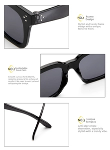 Detailansicht der quadratischen Sonnenbrille mit dickem Rahmen, Nasenpads und rutschfesten Bügeln