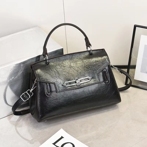 Women Top Handle Handbag Vintage PU Leather Glossy Crossbody Bag With Silver Metal Clasp Trendy Commuter Shoulder Bag