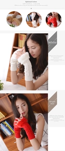 Detail view of winter cable knit fingerless gloves with plush faux rabbit fur trim