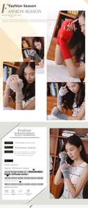 Detail view of cable knit fingerless gloves with faux rabbit fur trim and care instructions
