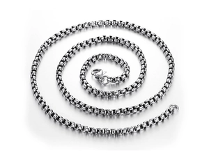 Detailed view of polished silver 304 stainless steel box chain necklace in spiral layout