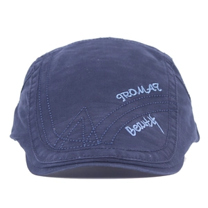 Men's retro navy blue flat cap with light blue embroidery and decorative stitching