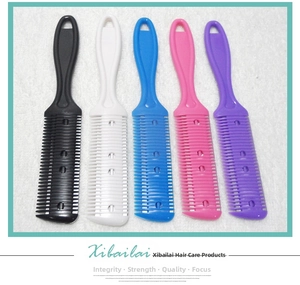 Detailed set of five colorful hair thinning combs for bangs trimming and DIY styling