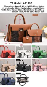 Detailed size specifications for the 3-piece faux leather handbag set in various colors