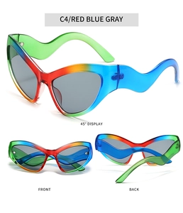 Detailed views of cat eye sunglasses with rainbow frames and wavy temples design