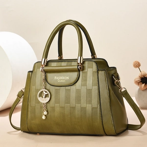 Olive green crossbody bag with elegant embossed texture and pearl charm for women