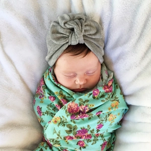 Gray knitted baby turban hat with bow and mint green floral swaddle blanket set