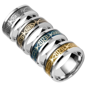 Polished stainless steel Jesus fish rings in silver, black, blue, and gold with glitter