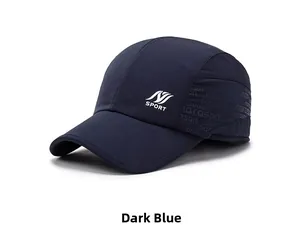 Detail of dark blue sport baseball cap featuring white logo and side pattern print