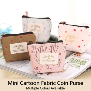 Cute cartoon floral canvas coin purses in four colors with zipper closure and labels