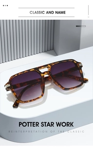 Detail of tortoise shell square sunglasses with gradient lenses and dual bridge design