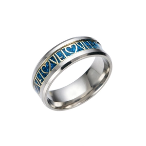 Bague avec lettrage Love et cœur, argent et bleu scintillant avec gravure dorée