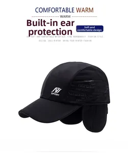 Detail of winter baseball cap featuring fold-out ear flaps and warm fleece lining