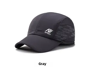 Detailed close-up of grey sport baseball cap showing embroidered logo and textile texture