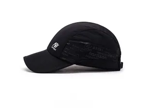 Detail view of black sport baseball cap with white Sport logo and side narason print