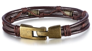 Retro multi-layer dark brown leather bracelet with woven hemp rope and bronze clasp