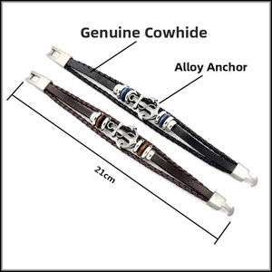 Close-up of 21cm vintage anchor nautical leather bracelets in black and brown styles