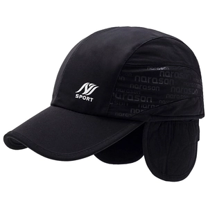 Winter thermal sports baseball cap with ear flaps and printed SPORT logo in black