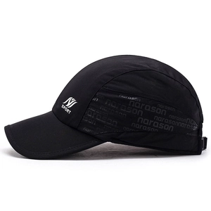 Black sport baseball cap with narason print and adjustable strap in a side view