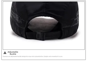 Detail of adjustable metal buckle on a black baseball cap with printed pattern