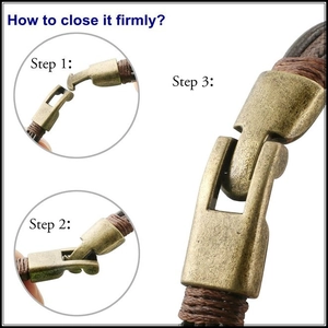 Detail showing the locking steps of the antique metal clasp on a braided leather bracelet