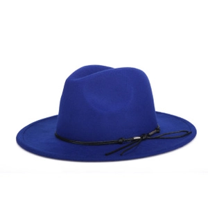 Close-up of dark blue wool felt fedora hat featuring a thin black decorative rope band