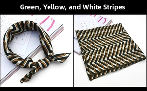 Detail of green, yellow and white geometric wave print silk scarf folded and knotted