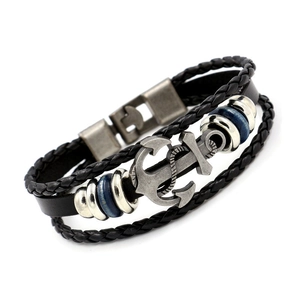 Navy style multi-layer braided leather bracelet with silver anchor pendant and blue beads
