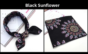 Detail of square silk scarf with colorful sunflower print and knotted styling