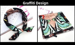 Detail showing graffiti tiger print square scarf with 100% polyester material tag