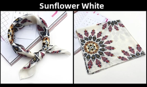Detail of silk square scarf featuring ethnic sun flower patterns on a white base