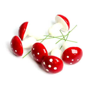 Set of red and white spotted mushroom ornaments with wire stems for Christmas tree decor