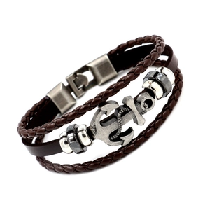 Brown braided leather multilayer anchor bracelet with antique silver nautical charm