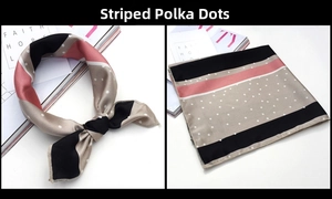 Detail of pink and black striped square scarf with white polka dots and stitched edges
