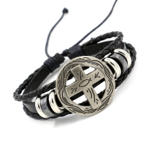 Adjustable multi-layer black braided leather bracelet with bronze cross and fish pendant