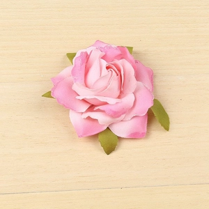 Sparkling pink artificial rose hair clip and brooch with silver glitter and green leaves