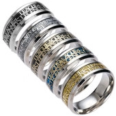 Detail of League of Legends rings in gold, silver, black, and blue enamel finishes