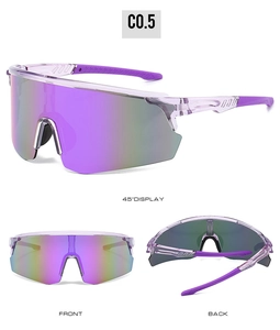 Three views of purple gradient cycling sunglasses with transparent frames and non-slip legs