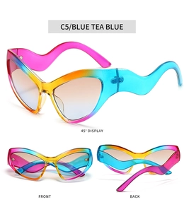 Three-angle view of rainbow wave cat-eye sunglasses with gradient blue tea lenses